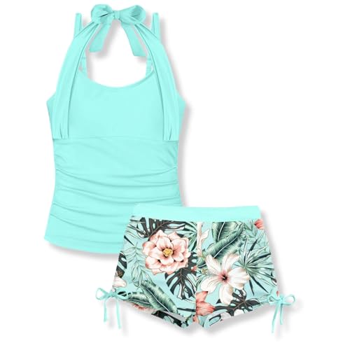 Image of Size 7-16 Years Girls Slim Fit Swimsuit 2 Piece Halterneck Tankini Swimsuit Drawstring Printed Swim Shorts