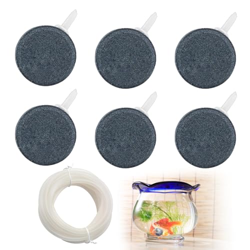 LEIMEND 6 Pièces Diffuseur Air Aquarium avec 1 Morceau de Tuyau de 2 m Aquarium Pierre a Air Rondes 4 x 5,5 cm Pierre à Bulles pour Étangs Aquariums Pompes...
