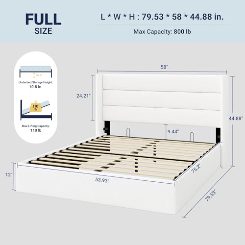 Image of Allewie Full Size Velvet Lift Up Storage Bed, Modern Wingback Headboard, Hydraulic Support, No Box Spring Needed, White