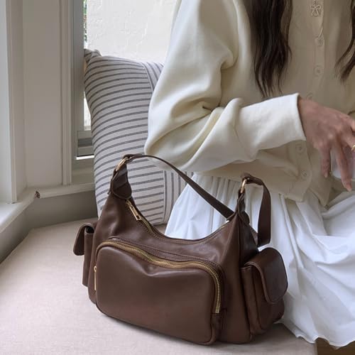 PU Leather Vintage Shoulder Bag Solid Color Retro Underarm Bag Large Capacity Cool Girl Sling Bag Travel Shopping Date Handba4