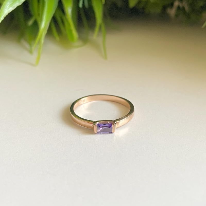 Baguette Cut Purple Amethyst Solitaire Engagement Ring For Women's 14k Gold Finish Stackable Amethyst Ring, Purple Amethyst Wedding Band, One Stone Amethyst Engagement Ring