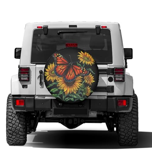Image of Delerain Butterfly Sunflowers Spare Tire Cover for RV Trailer SUV Truck and Many Vehicle, Wheel Covers Sun Protector Waterproof (15 Inch for Diameter 27 inch-29 inch)