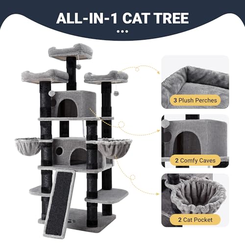 Image of Allewie 68 Inches Cat Tree /House and Towers for Big Feline /Scratching Post /Multi-Level Large Kitty Climbing Tree with Condo /Black & Grey