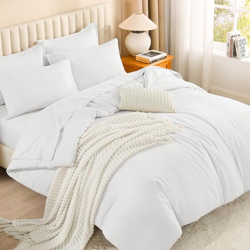 Image of Litanika Comforter Queen Size Set White - 7 Pieces Bed in a Bag Queen Bedding Comforter Sets, Plain Lightweight Bed Set with Comforter, Sheets, Pillowcases & Shams