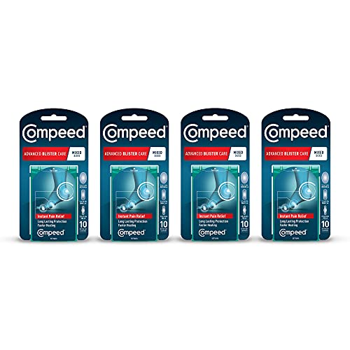 Compeed Advanced Blister Care Hydrocolloid Bandage Cushions 10 Count Mixed Sizes Pads (4 Packs), Heel & Foot Blister Patches, Prevention & Treatment Help, Waterproof, Packaging May Vary