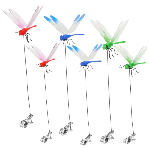 6 Pack Dragonfly Clip 3D Dragonfly Garden Stakes Decor Fly Deterrent Humming Bird Stakes Deer and Horse Bird and Fly Scare Devices for Indoor Outdoor Garden