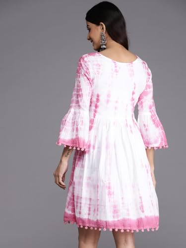 Image of Varanga Women Off White Shibori Printed Dress with Embroidered Yoke
