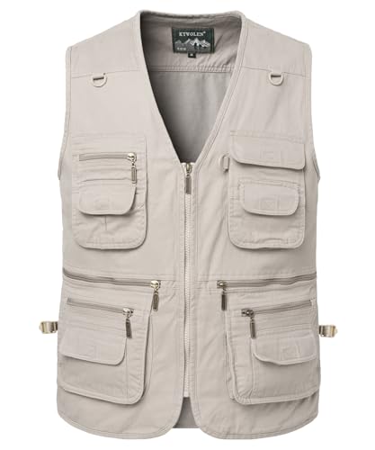 KTWOLEN Gilet de Pêche pour Homme Multi-Poches Coton Gilet de Photographe Veste sans Manches de Chasse Journaliste, Beige, XL