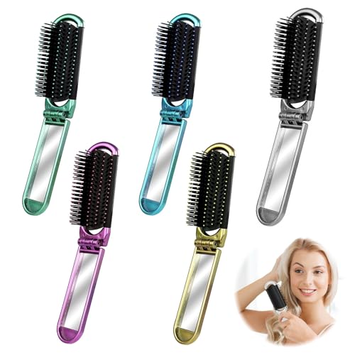 JAONLD Travel Hair Brush with Mirror, 5 Pcs Foldable Mini Hairbrush Portable Small Brush for Hair Massage Compact Pocket Hair Brush with Soft Bristles for Hair Styling, Gym, Trips, Purse, Swimming