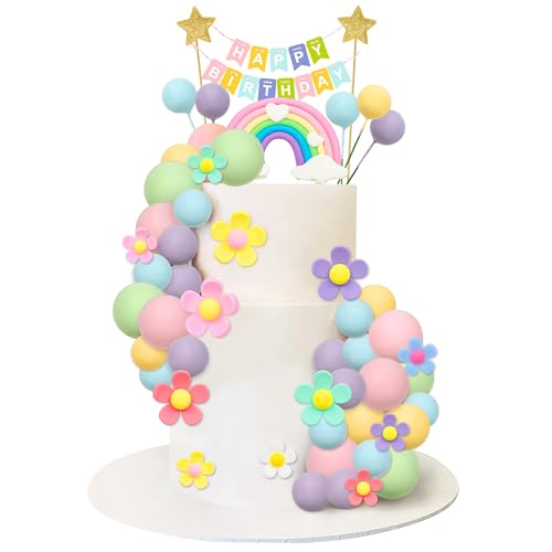 Augisteen BOHO CAKE TOPPER-3 39 Pcs Pastel Balls Cake Topper Daisy Flower Balls Cake Decoration Boho Rainbow Cake Topper 70S Groovy Hippie Daisy Cake Topper cover
