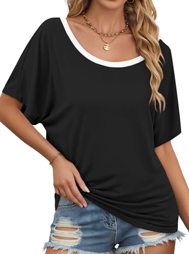 Image of Hilinker Womens Sexy Off The Shoulder Tops Short Batwing Sleeve T Shirt Oversized Casual Tee