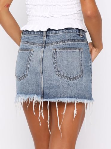 Just Quella Women's Mid Rise No Stretch Fringed Jean Skirt Mid Weight Denim Washed Vintage Mini Skirt3