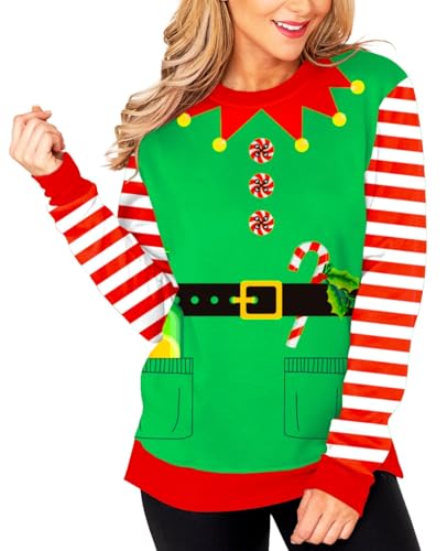 Arankhiger Ugly Weihnachten Pullover Damen Lustig Weihnachtssweater Xmas Langarm Sweatshirt Elf L