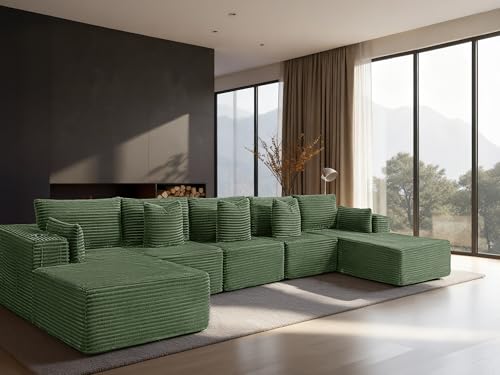 Image of 168 inch Cloud Sectional Couch, Comfort U Shaped Sofa for Living Room, Extra Deep Seats No Assembly, Minimalist Modular Couch, Corduroy (Olive Green, 7 Seats,U-Shape C)