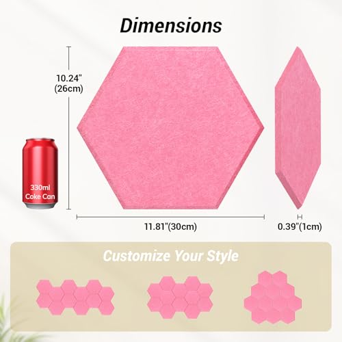 Image of 12 Pack High Density Hexagon Acoustic Panels, TONOR 12 inchx 10 inchx 0.4 inch Soundproof Wall Panels, Sound Absorbing Panels for Interior Wall Decor, Peel and Stick Modern for Studio, Office, Home, Pink