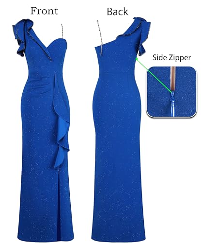 Image of VFSHOW Womens Formal Prom Elegant Ruffle One Shoulder Beaded Strap Ruched Slit Maxi Dress Wedding Evening Long Gown