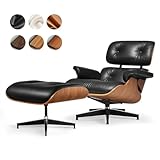 Asukale Top Black Grain Leather, Mid Century Chaise Lounge Chair and Ottoman, Modern Chair Classic Design, Heavy Duty Base Support for Living Room Study Lounge Office, Walnut, Heightening