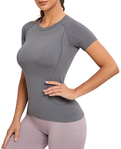 Image of MathCat Seamless Workout Tops for Women, Short Sleeve Compression Athletic Shirts Soft Yoga Gym Tops XS-XL