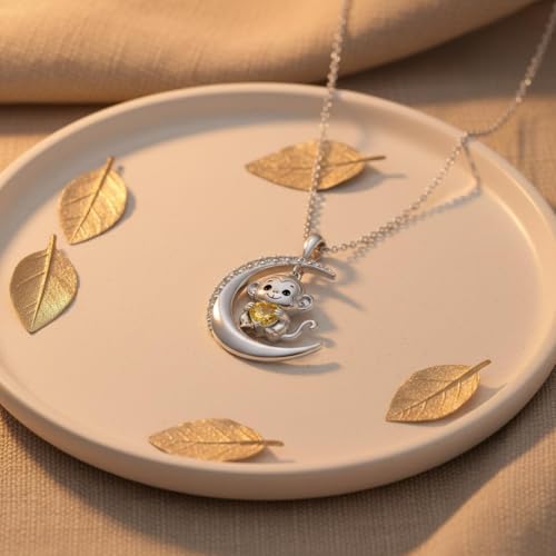 Image of PROESS Animal Birthstone Necklace 925 Sterling Silver Otter /Axolotl /Hippo /Elephant /Dachshund /Monkey /Red Panda Pendant Necklace Animal Birthstone Jewelry Gifts for Women