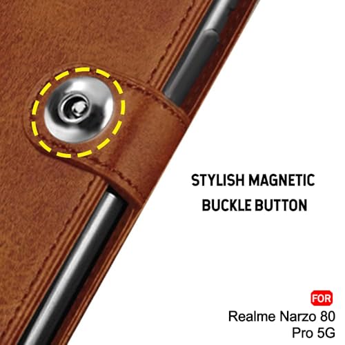 Image of TheGiftKart Flip Cover Back Case for Realme Narzo 80 Pro 5G | Genuine Leather Finish | Designer Button | Inbuilt Pockets & Stand | Wallet Style Flip Back Cover for Narzo 80 Pro (Faux Leather, Brown)