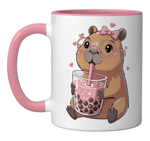 Capybara Drinking Bubble Tea, for Girls, Cute Capybara Ceramic Mug, Pink/White
