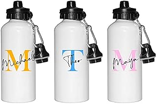 Print Maniacs Personalised Water Bottle School Sport Cap Drink White Silver 600ml or 400ml Aluminium Kid Boys Girls Biking Gift Initial Name (Silver, 400ml)
