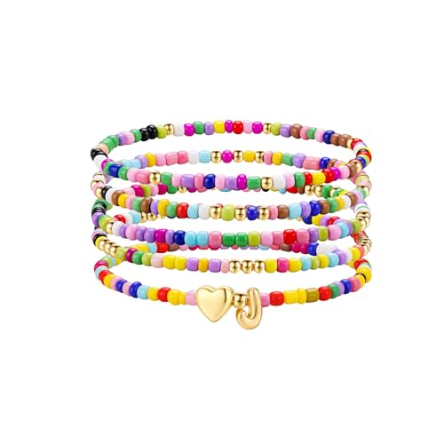 Image of M MOOHAM Gifts for Girls Kids - 5PCS Colorful Beaded Initial Bracelets for Girls, Cute Stretch Heart Letter Bracelet Initial Bracelet Jewelry for Kids Birthday Gifts for Girl