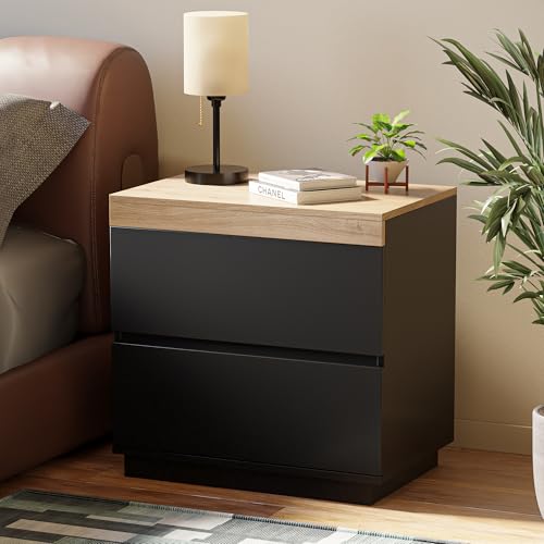 Image of Nightstand with Oak Top, 23.7 inch Wide Night Stand with 2 Drawers, Simple Black Nightstand, Modern Bedside Table for Bedroom