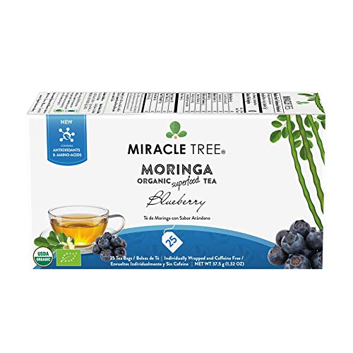 Miracle Tree - Organic Moringa Superfood Tea, 25 Individually Sealed Tea Bags, Blueberry (Keto, Detox, Weight Loss, Energy & Immunity Booster, Vegan, Gluten-Free, Organic, Non-GMO, Caffeine-Free)