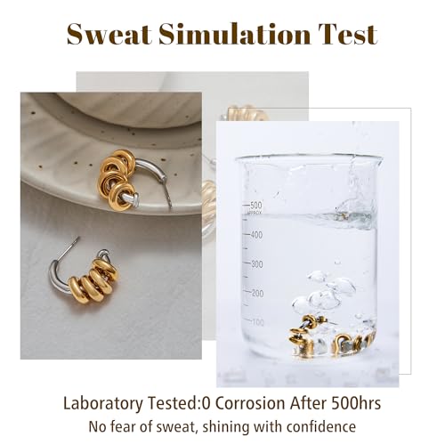 18K Gold Plated Hoop Earrings Stainless Steel Hypoallergenic Earrings Gold and Silver Two Tone Cuff Earring Hanging Round Pendant Statement Earrings for Women 5