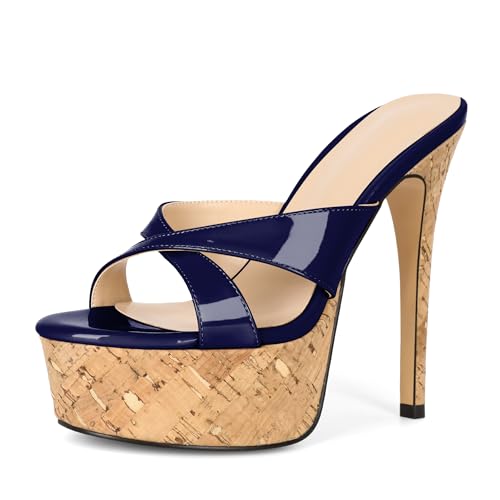 Image of Esvowido Heeled Mules for Women Cork Platform Stiletto Heels Slip on Open Toe High Heeled Sandals Crisscross Slippers Pumps Shoes