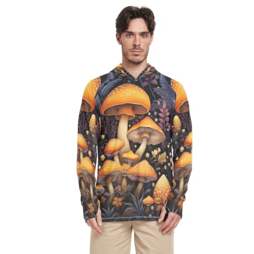 Rash guard homme orange à col rond et manches longues motif forêt de champignons anti-UV UPF 50+