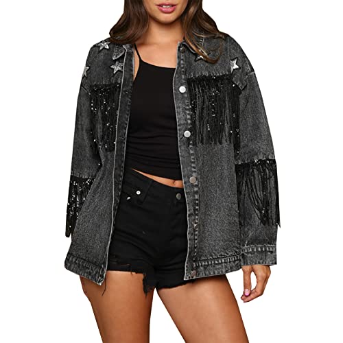 Women's Boyfriend Denim Jacket Long Sleeve Oversized Fringe Jean Jacket Coats