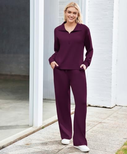 Image of PINSPARK 2 Piece Sets for Women 1 /2 Zip Sweatsuit 2026 Matching Outfit Fall | Lightweight Air Layer Fabric, Loose Fit Sweatshirt, Straight Leg Pants with Pockets, Soft Lounge Sets, Airport Outfits Women