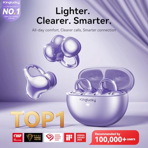 Image of Kinglucky Upgraded Clip-On Earbuds Comfortable fit & Crystal-clear Sound, 40H Playtime Open Ear Buds Bluetooth 6.0 Wireless Headphones for Women Ideal for Small Ears, Sports & Workouts, Glasses Purple