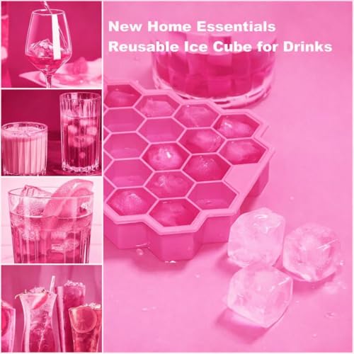Image of BIDFUL [4 Pack] Silicone Ice Cube Trays for Freezer with Lid - 37 Grid Pink Ice Cube Mold, Easy-Release Flexible Ice Trays, Reusable Stackable Ice Tray for Iced Coffee, Juice & Drinks