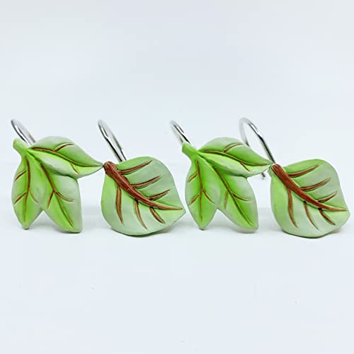 ZILucky Set of 12 Leaves Shower Curtain Hooks, Spring Rustic Farmhouse Green Tropical Botanical Plant Theme, Home Bathroom Decor Accessories (Green)