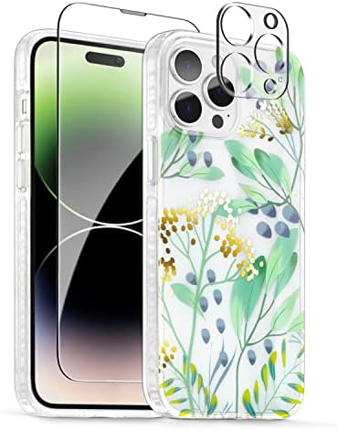 Scorpify iPhone 14 Pro Case for Summer Meadow Floral Design, Cute Clear Flower Slim Phone Cover for Women Girls, with Tempered Glass Screen Protector+Camera Lens Protector, Stylish Spring Gift