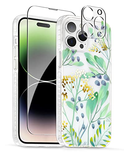 Scorpify Iphone 14 Pro Case For Summer Meadow Floral Design, Cute Clear Flower Slim Phone Cover For Women Girls, With Tempered Glass Screen Protector+Camera Lens Protector, Stylish Spring Gift #TOP2
