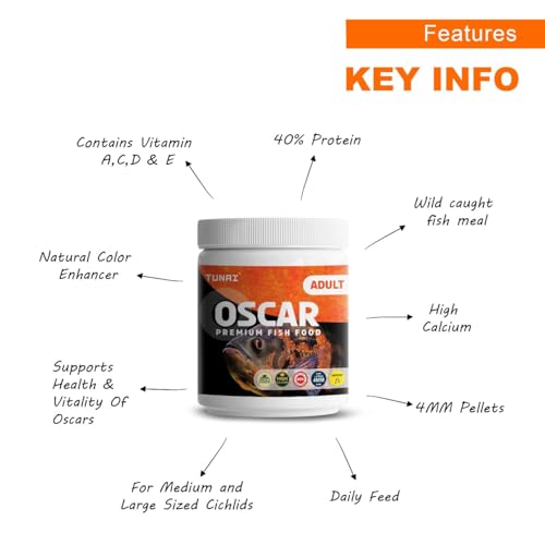 Image of TUNAI All Life Stages Supreme Formula Oscar Fish Food Fortified with 40% Protein and Vitamins, Essential for Color Enhancement, Growth for Medium and Large Sized Oscar Fishes, 4Mm Pellet Size, 100G