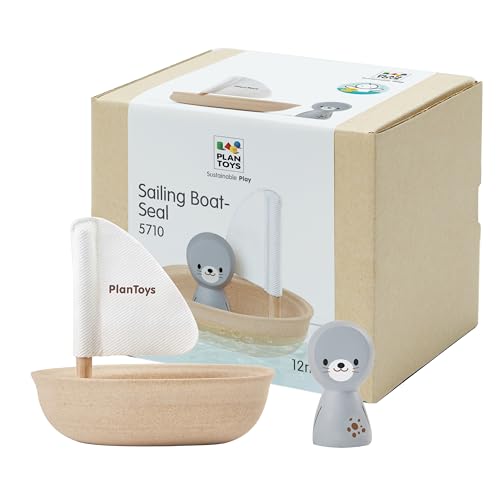 PlanToys Sailing Boat Seal - Bath Toy - Water Toy Children - Bath Toy Baby from 1 Year - Set with Sailing Boat and Removable Seal