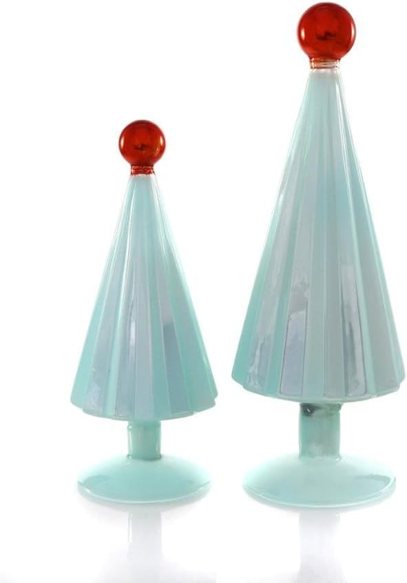 Cody Foster & Co 6"-8" Tall Aqua Pleated Glass Christmas Tree with Red Top Set of 2