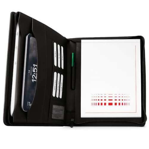 Porte-documents A4 en cuir de vachette véritable - Porte-documents d'affaires et conférencier avec fermeture éclair, bloc-notes, emplacements pour cartes et...