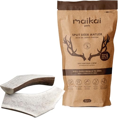 MAIKAI Packung 2 Hirschgeweih für Hunde in Zwei Hälften geteilt Größe L 100% Natürlicher Kauknochen + Widerstandsfähig Hundeknochen Ideal für Mittlere Hunderassen bis 30 kg Hundespielzeug