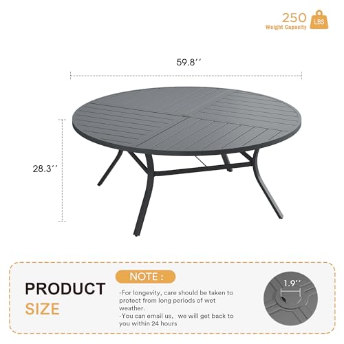 Image of VICLLAX Round Patio Table with Adjustable Umbrella Hole for 8, All Weather Metal Outdoor Dining Table for Lawn Garden, 59.8 inch Outdoor Coffee Table, Grey Tabletop
