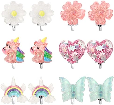 6Pairs Crystal Unicorn Clip On Earrings for Little Girls, Rainbow Earrings Butterfly Earrings Toddler Girls Dress Up Jewelry …