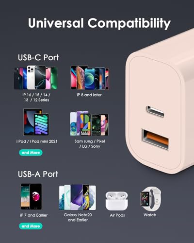 Image of [4 Pack] USB C Charger Block Fast Charging Multiport Adpater [PD 20W USB-C & QC 3.0 USB-A Port] for iPhone 17 /16 /15 /14 /13 /12 /11 /X /8, iPad, Galaxy, Google & More [Light Pink]