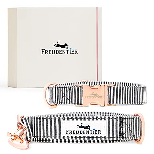 FREUDENTIER® Hundehalsband & Führleine aus feinstem Canvas im Set, 2m Hundeleine 3-Fach verstellbar, pflegeleicht & Winterfest (41-63cm, Schwarz / Weiss) Cover