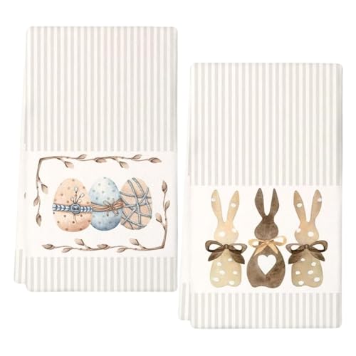 EVBOTGEE 2 Lot de Torchons de Cuisine de Pâques avec Motif Trois Lapins et Œufs, Décoration pour Fête de Pâques et Usage Printanier, Torchons Décoratifs pour Maison
