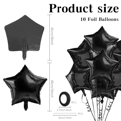 Image of Star Balloons, 18 Inch Foil, 10 PCS Black, Decorative-Balloons, General Celebration, Adult, Unisex Adult, Unisex, Star, Aluminum, 18 inches, Aluminum Foil, Sturdy, Reusable
